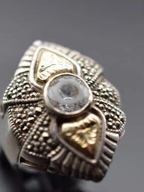 Marcasite Repousse HUGE Sterling Silver 925 Ring Size 9 18k gold Decor